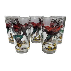 Vintage Highball Glasses Pheasant Design Hunting Scene Set Of 5 Red Gold